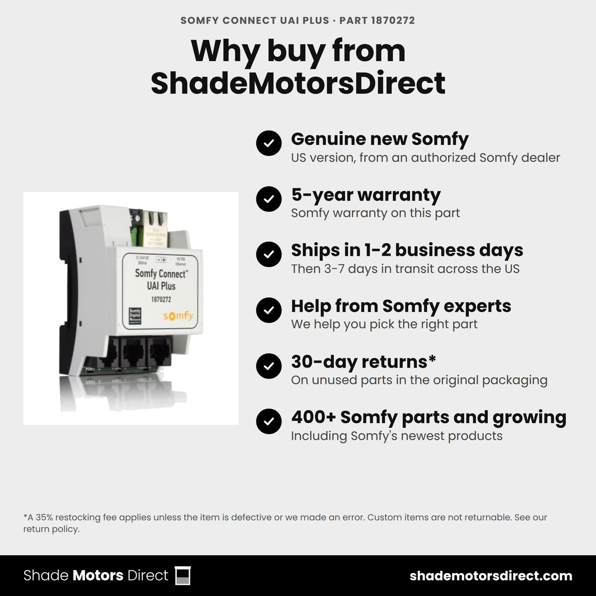 Buy the Somfy Connect UAI Plus, part 1870272, genuine new with 5-year warranty, from ShadeMotorsDirect