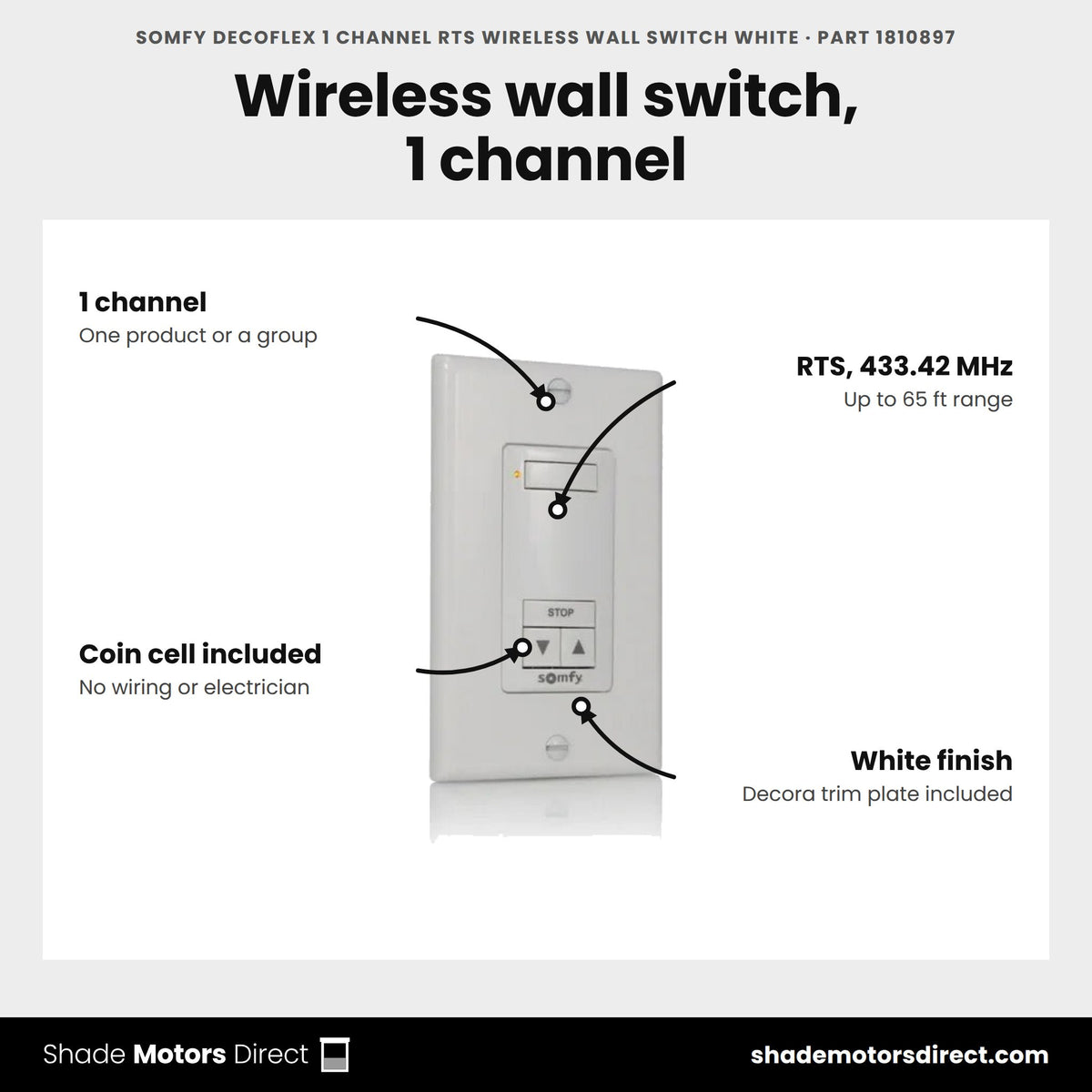 Somfy DecoFlex 1 Channel RTS Wireless Wall Switch White, part 1810897, features: 1 channel, RTS 433.42 MHz up to 65 ft, battery powered with lithium coin cell, white finish with Decora trim plate
