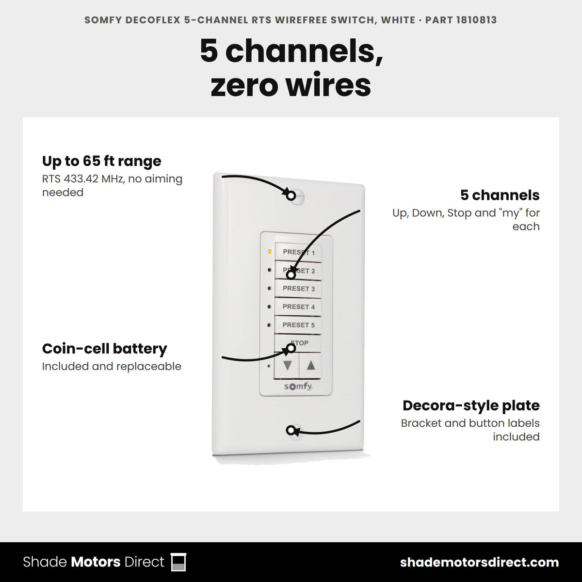 Somfy DecoFlex 5-channel RTS WireFree wall switch, white, part 1810813, features: 5 channels, 65 ft range, coin-cell battery, Decora-style plate