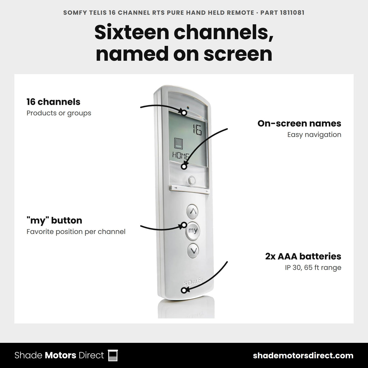 Somfy Telis 16 channel RTS Pure remote, part 1811081, features: 16 channels, on-screen channel names, my favorite position, 2x AAA