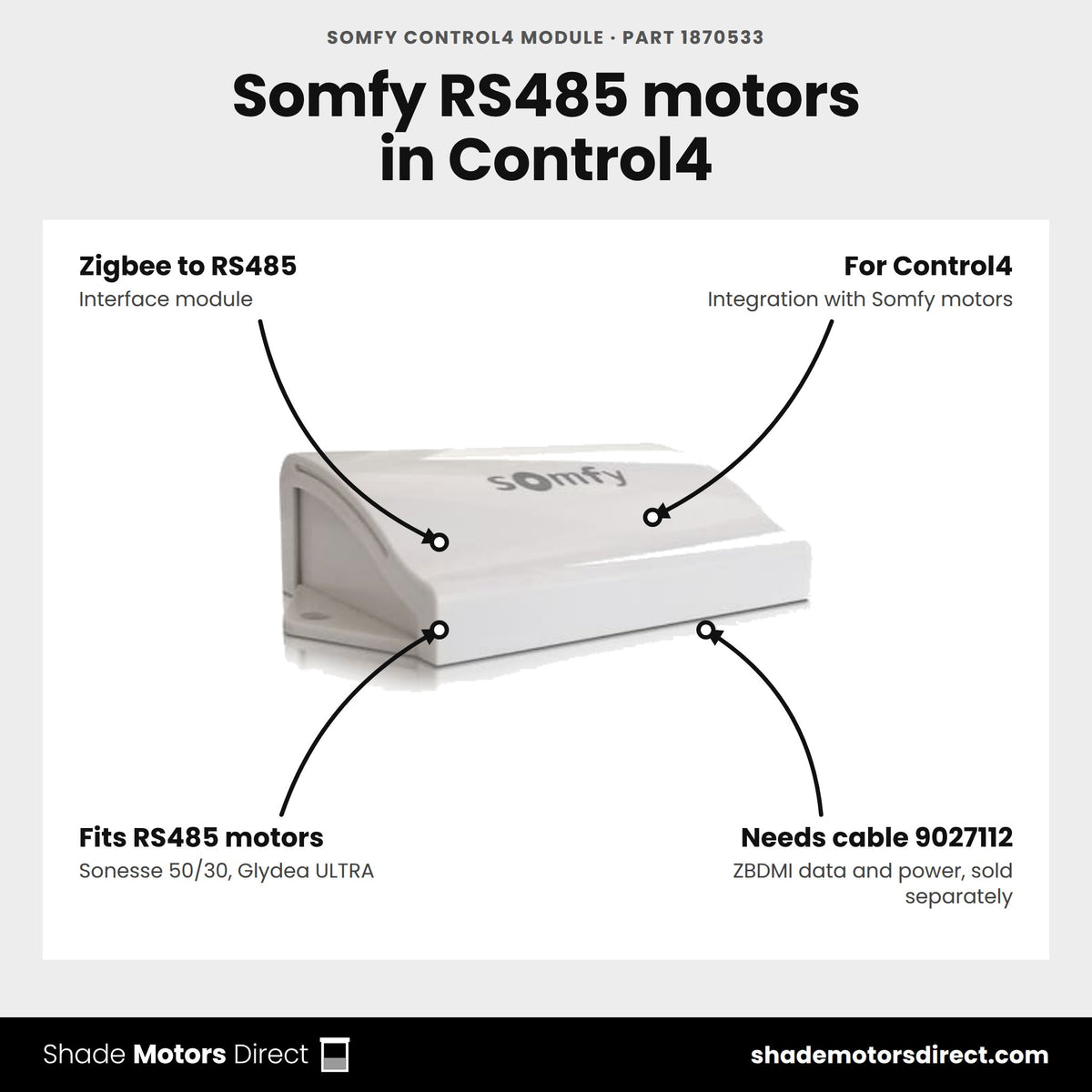 Somfy Control4 module, part 1870533, Zigbee to RS485 interface for Sonesse 50, Sonesse 30 and Glydea ULTRA RS485 motors, needs cable 9027112
