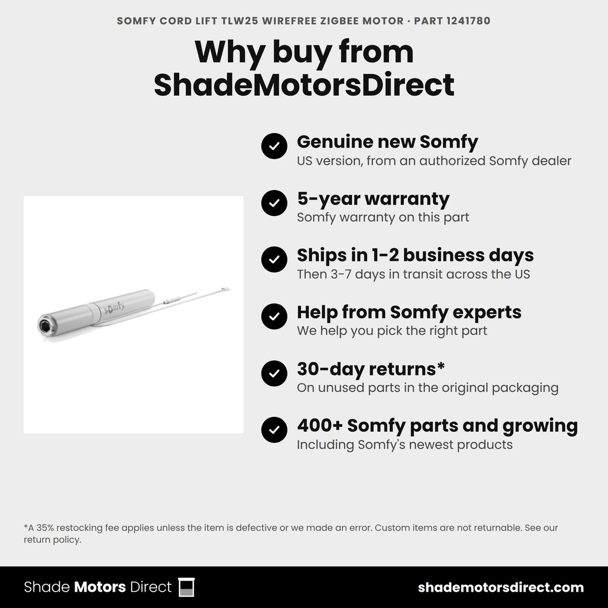 Buy the Somfy Cord Lift TLW25 WireFree Zigbee Motor, part 1241780, genuine new with 5-year warranty, from ShadeMotorsDirect