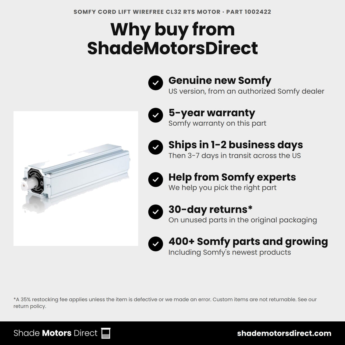 Buy the Somfy Cord Lift WireFree CL32 RTS motor, part 1002422, genuine new with 5-year warranty, from ShadeMotorsDirect