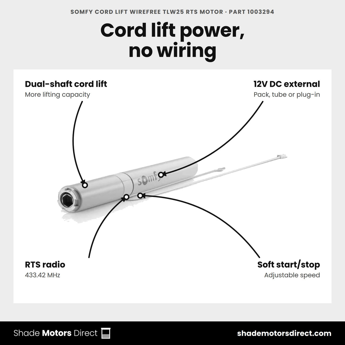 Somfy Cord Lift WireFree TLW25 RTS Motor, part 1003294, features: dual-shaft cord lift, 12V DC external battery, RTS radio, soft start and stop