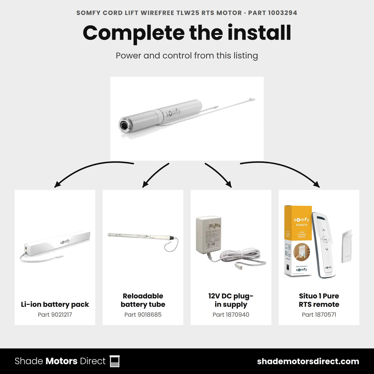 Parts that work with the Somfy Cord Lift TLW25 RTS motor 1003294: Li-ion battery pack 9021217, Reloadable battery tube 9018685, 12V DC plug-in supply 1870940, Situo 1 Pure RTS remote 1870571