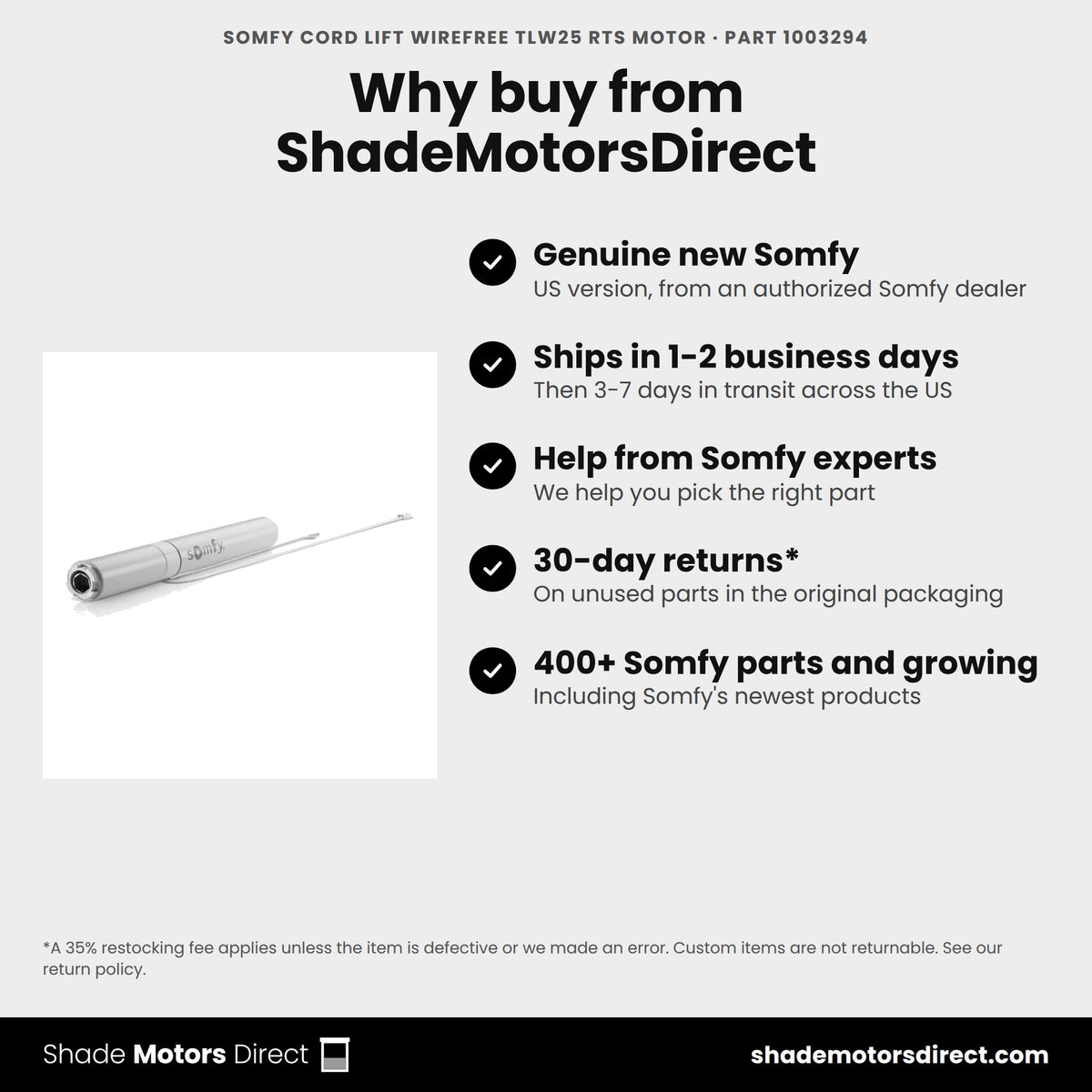 Buy the Somfy Cord Lift WireFree TLW25 RTS Motor, part 1003294, genuine new, from ShadeMotorsDirect