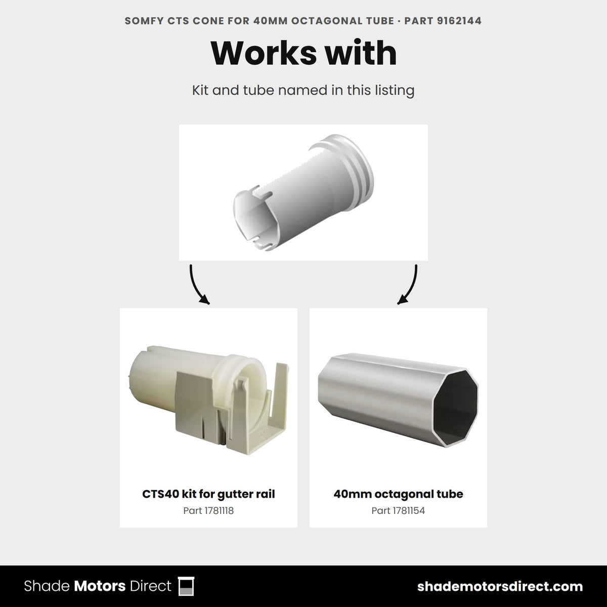 Parts that work with the Somfy CTS cone for 40mm octagonal tube 9162144: CTS40 kit for gutter rail 1781118, 40mm octagonal tube 1781154