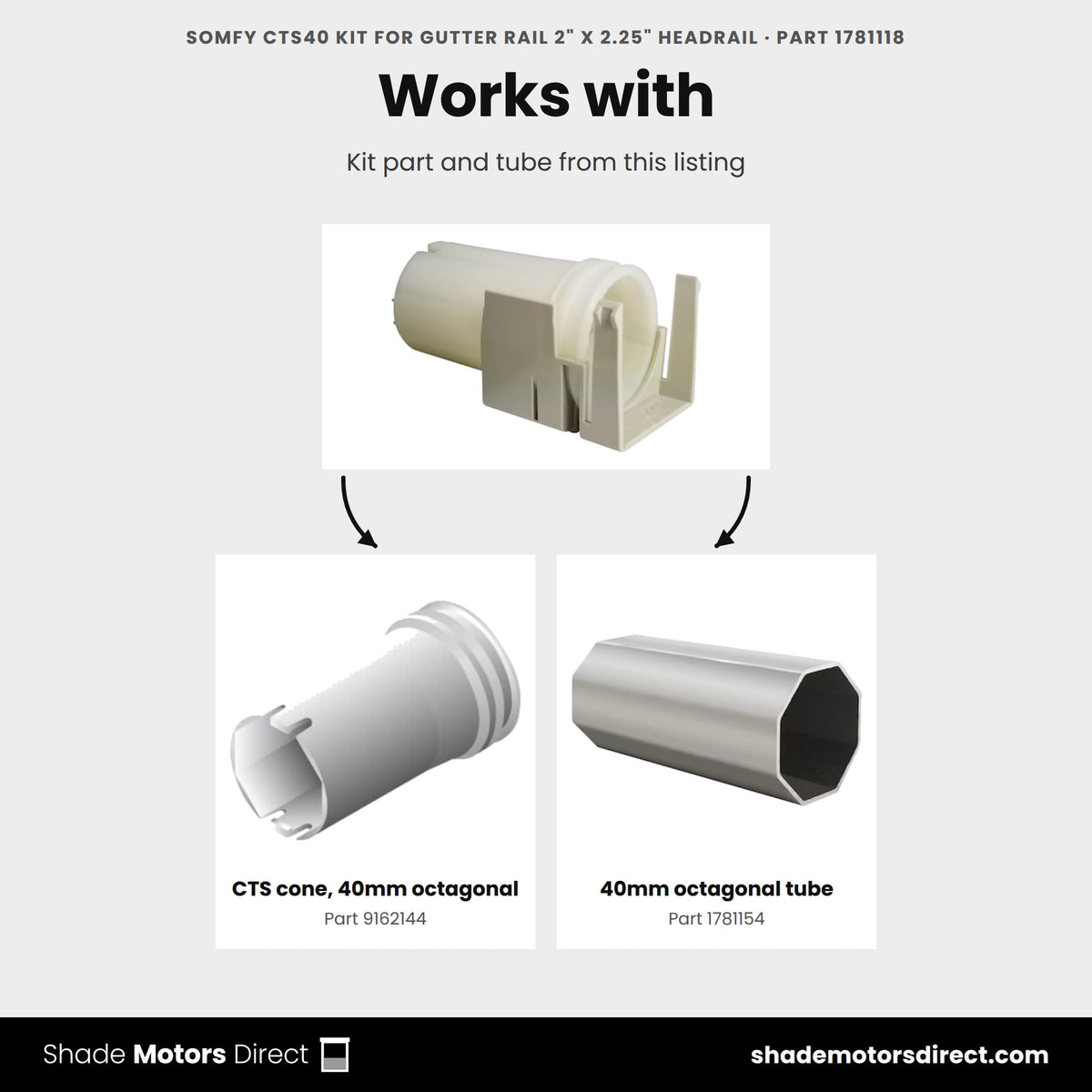 Parts that work with the Somfy CTS40 kit for gutter rail 1781118: CTS cone, 40mm octagonal 9162144, 40mm octagonal tube 1781154