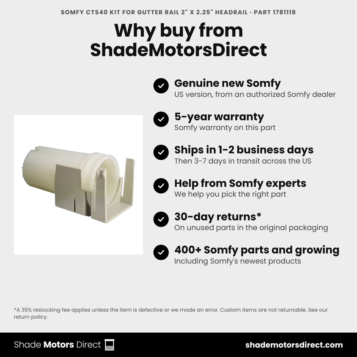 Buy the Somfy CTS40 Kit for Gutter Rail 2" x 2.25" Headrail, part 1781118, genuine new with 5-year warranty, from ShadeMotorsDirect