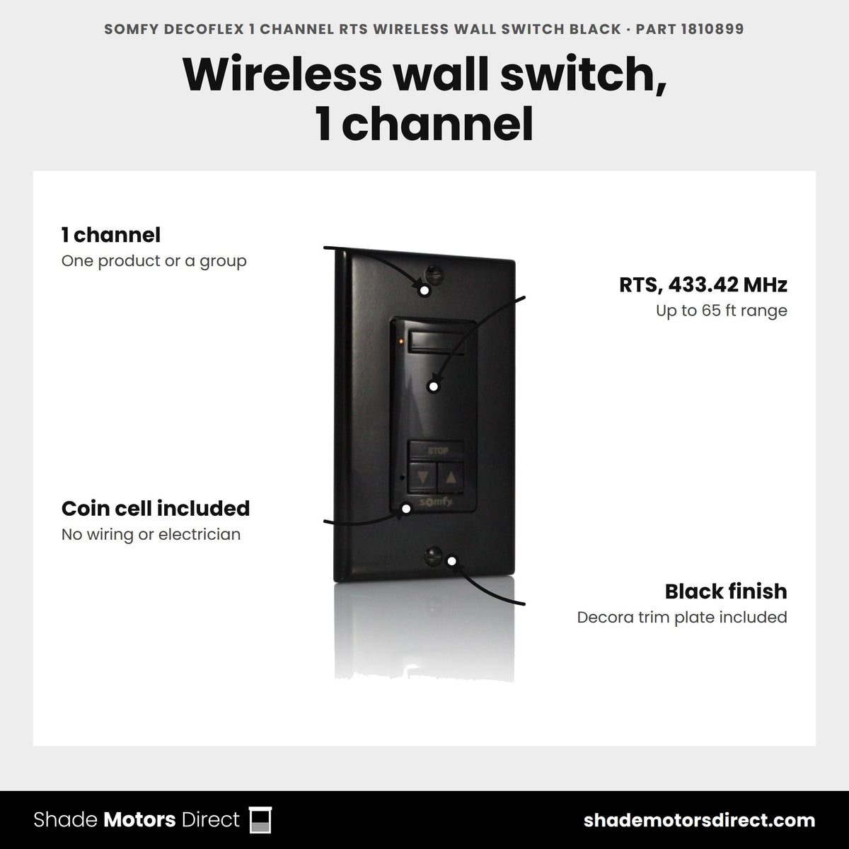 Somfy DecoFlex 1 Channel RTS Wireless Wall Switch Black, part 1810899, features: 1 channel, RTS 433.42 MHz up to 65 ft, battery powered with lithium coin cell, black finish with Decora trim plate