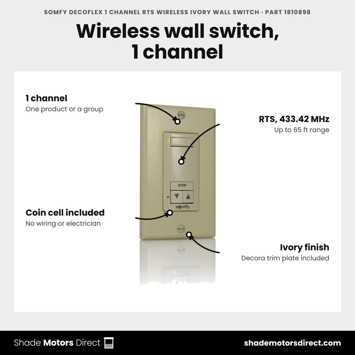 Somfy DecoFlex 1 Channel RTS Wireless Ivory Wall Switch, part 1810898, features: 1 channel, RTS 433.42 MHz up to 65 ft, battery powered with lithium coin cell, ivory finish with Decora trim plate