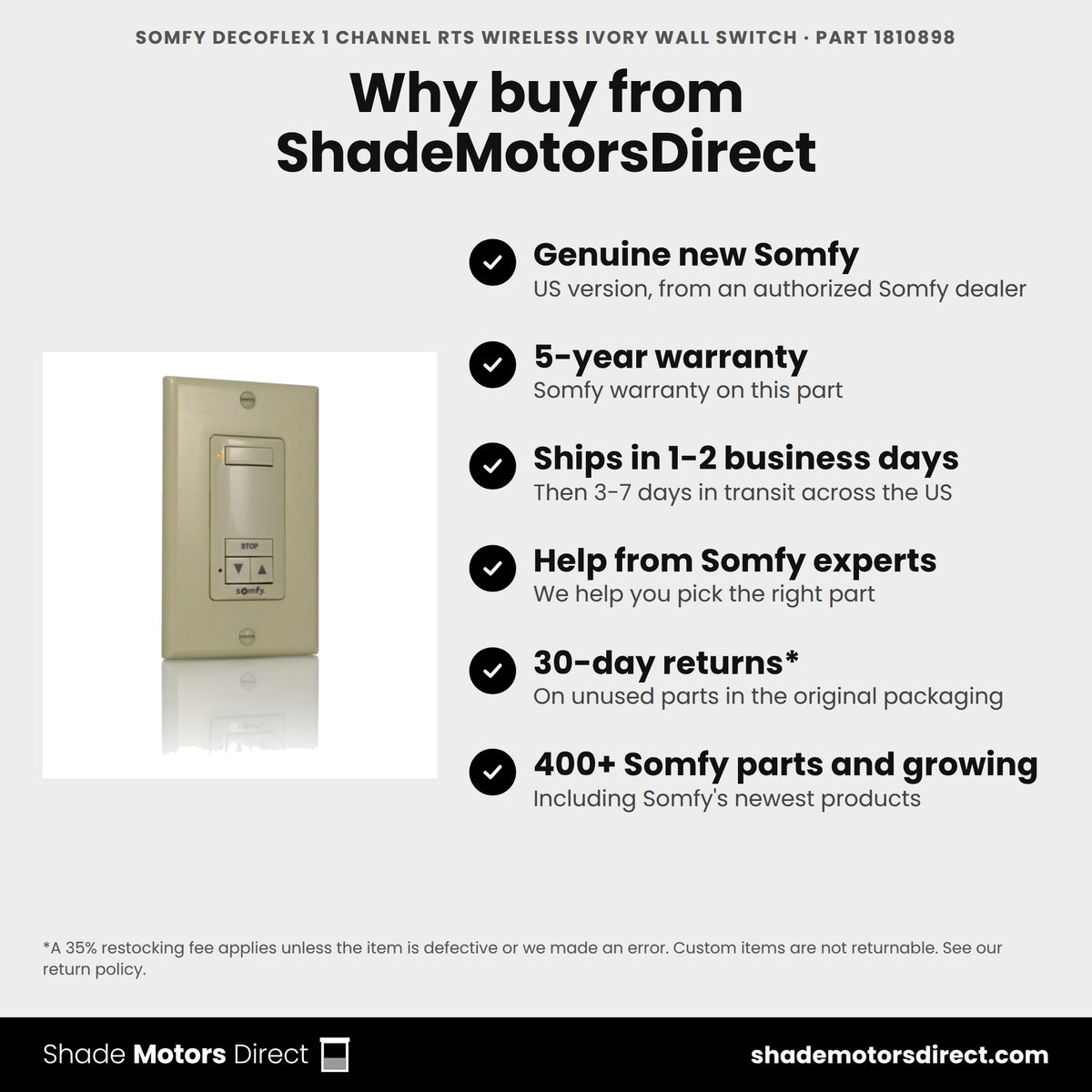Buy the Somfy DecoFlex 1 Channel RTS Wireless Ivory Wall Switch, part 1810898, genuine new with 5-year warranty, from ShadeMotorsDirect