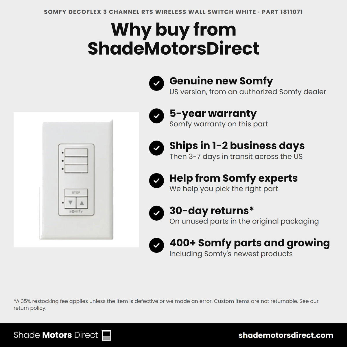 Buy the Somfy DecoFlex 3 Channel RTS Wireless Wall Switch White, part 1811071, genuine new with 5-year warranty, from ShadeMotorsDirect