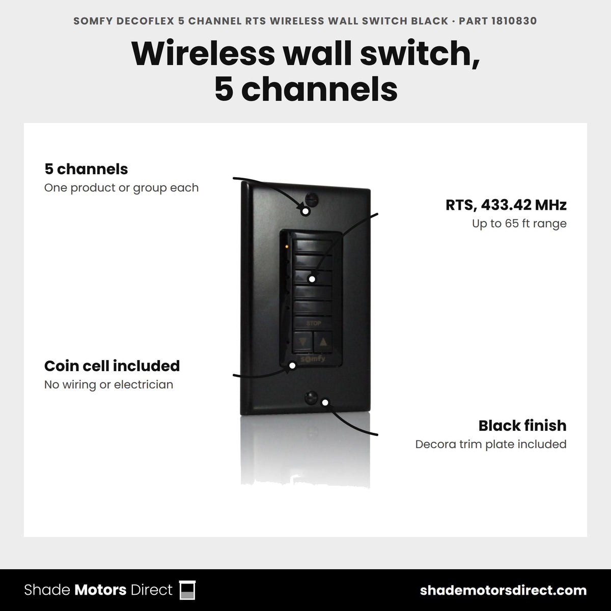 Somfy DecoFlex 5 Channel RTS Wireless Wall Switch Black, part 1810830, features: 5 channels, RTS 433.42 MHz up to 65 ft, battery powered with lithium coin cell, black finish with Decora trim plate