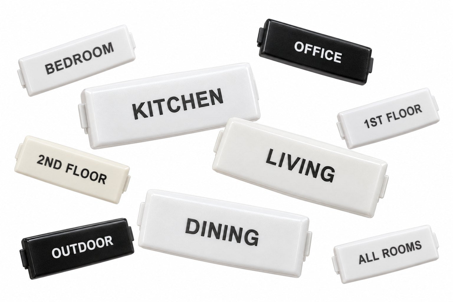 Loose Somfy DecoFlex engraved button caps in white, ivory and black reading Bedroom, Kitchen, Living, Dining, Office, Outdoor, 1st Floor, 2nd Floor and All Rooms