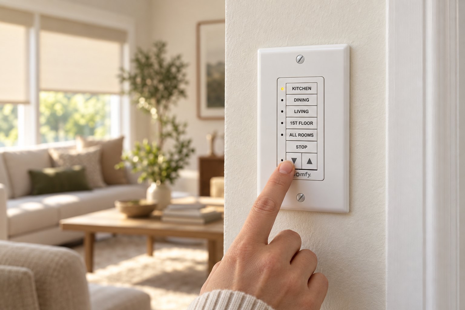 Hand pressing a custom engraved Somfy DecoFlex keypad labelled Kitchen, Dining, Living, 1st Floor and All Rooms in a sunlit living room