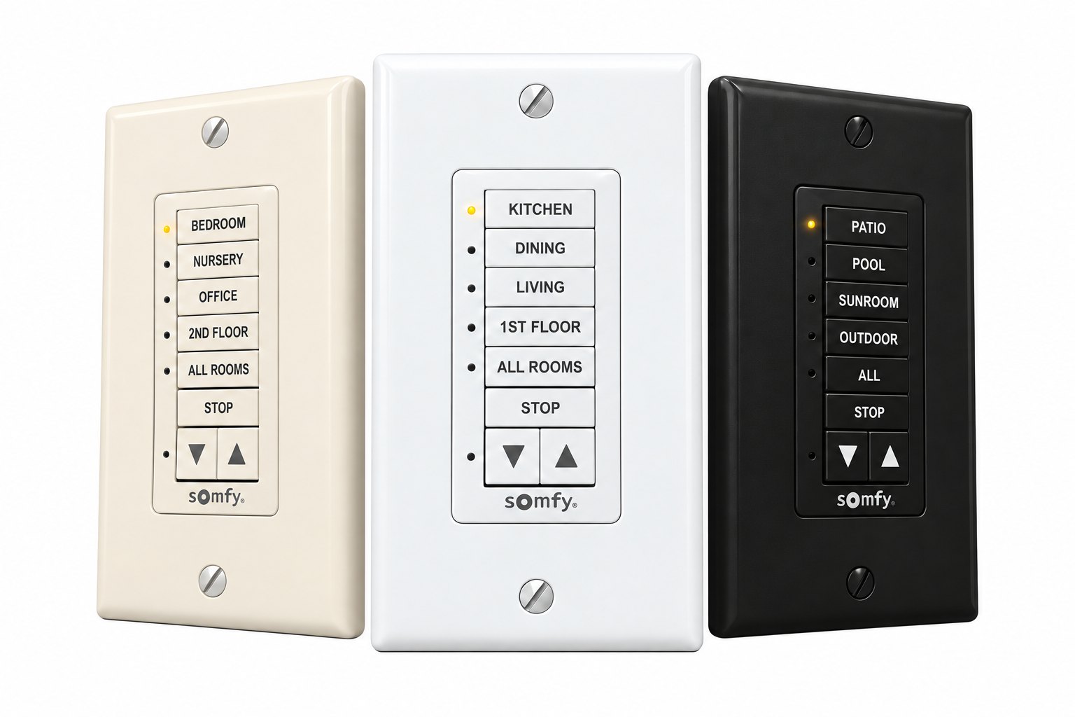 Three custom engraved Somfy DecoFlex keypads side by side in ivory, white and black with room labels and up, down and stop buttons