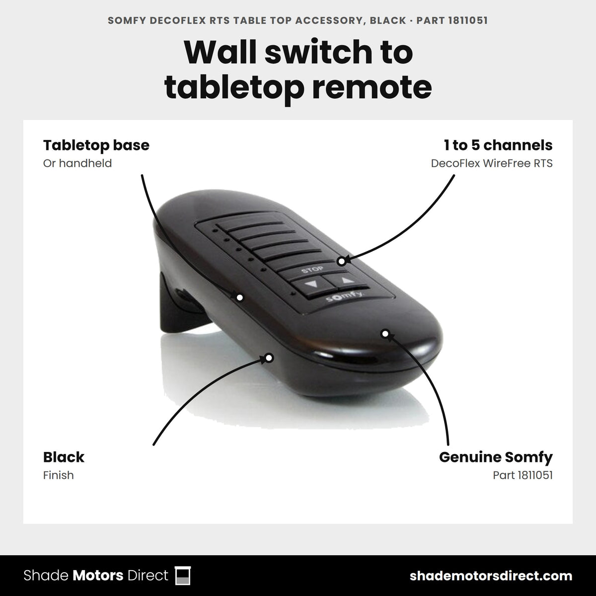 Somfy DecoFlex RTS Table Top Accessory, Black, part 1811051, features: tabletop or handheld base for 1 to 5 channel DecoFlex WireFree RTS wall switches, black