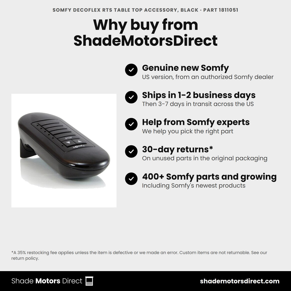 Buy the Somfy DecoFlex RTS Table Top Accessory, Black, part 1811051, genuine new, from ShadeMotorsDirect