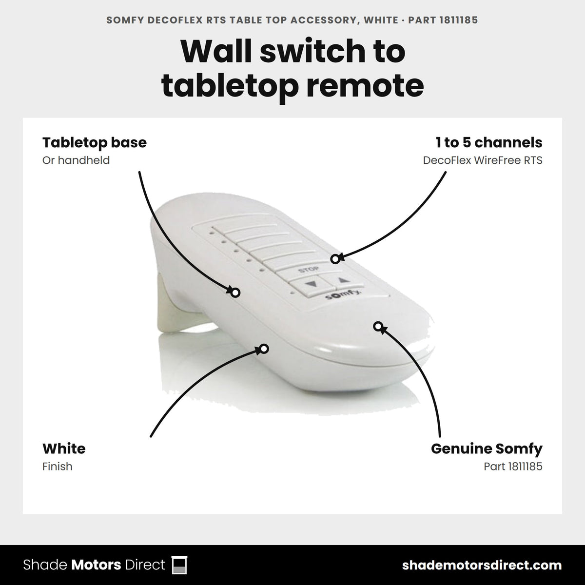 Somfy DecoFlex RTS Table Top Accessory, White, part 1811185, features: tabletop or handheld base for 1 to 5 channel DecoFlex WireFree RTS wall switches, white