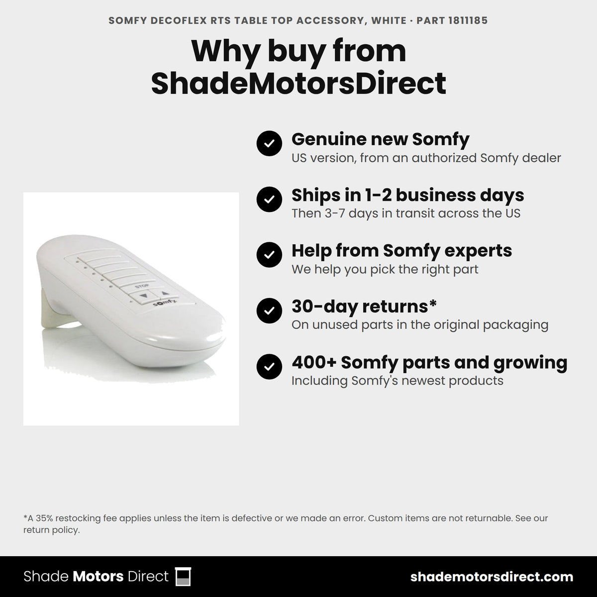 Buy the Somfy DecoFlex RTS Table Top Accessory, White, part 1811185, genuine new, from ShadeMotorsDirect