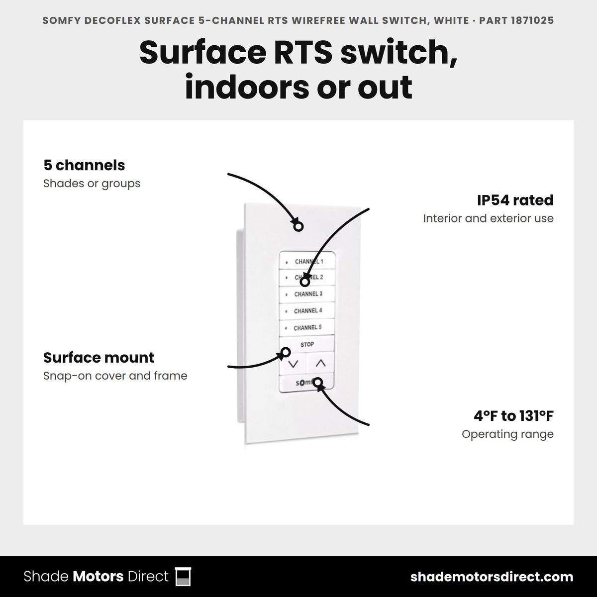 Somfy DecoFlex Surface 5-Channel RTS WireFree Wall Switch, White, part 1871025, features: 5 channels, IP54 for interior and exterior use, surface mount with snap-on cover, 4 to 131 F