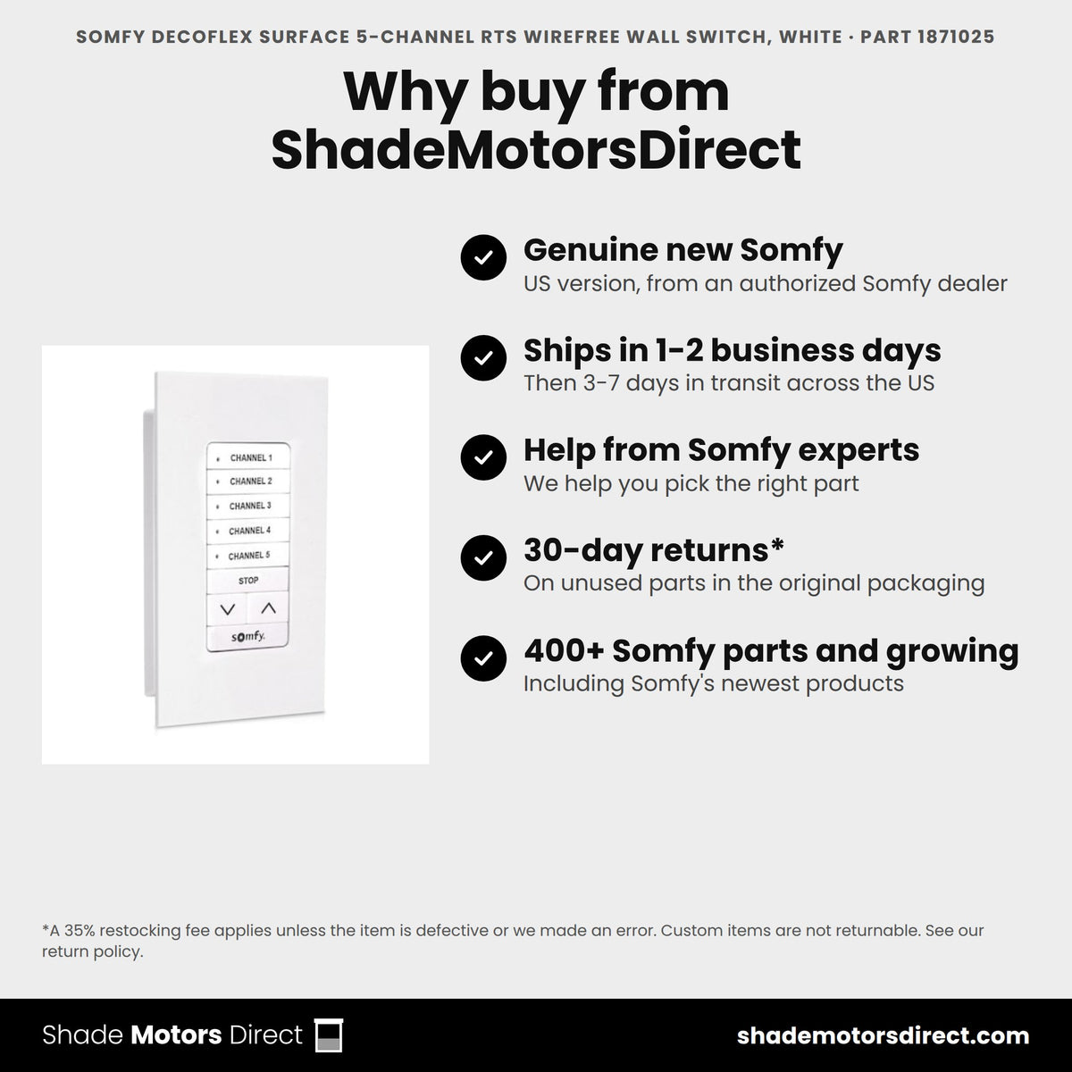 Buy the Somfy DecoFlex Surface 5-Channel RTS WireFree Wall Switch, White, part 1871025, genuine new, from ShadeMotorsDirect