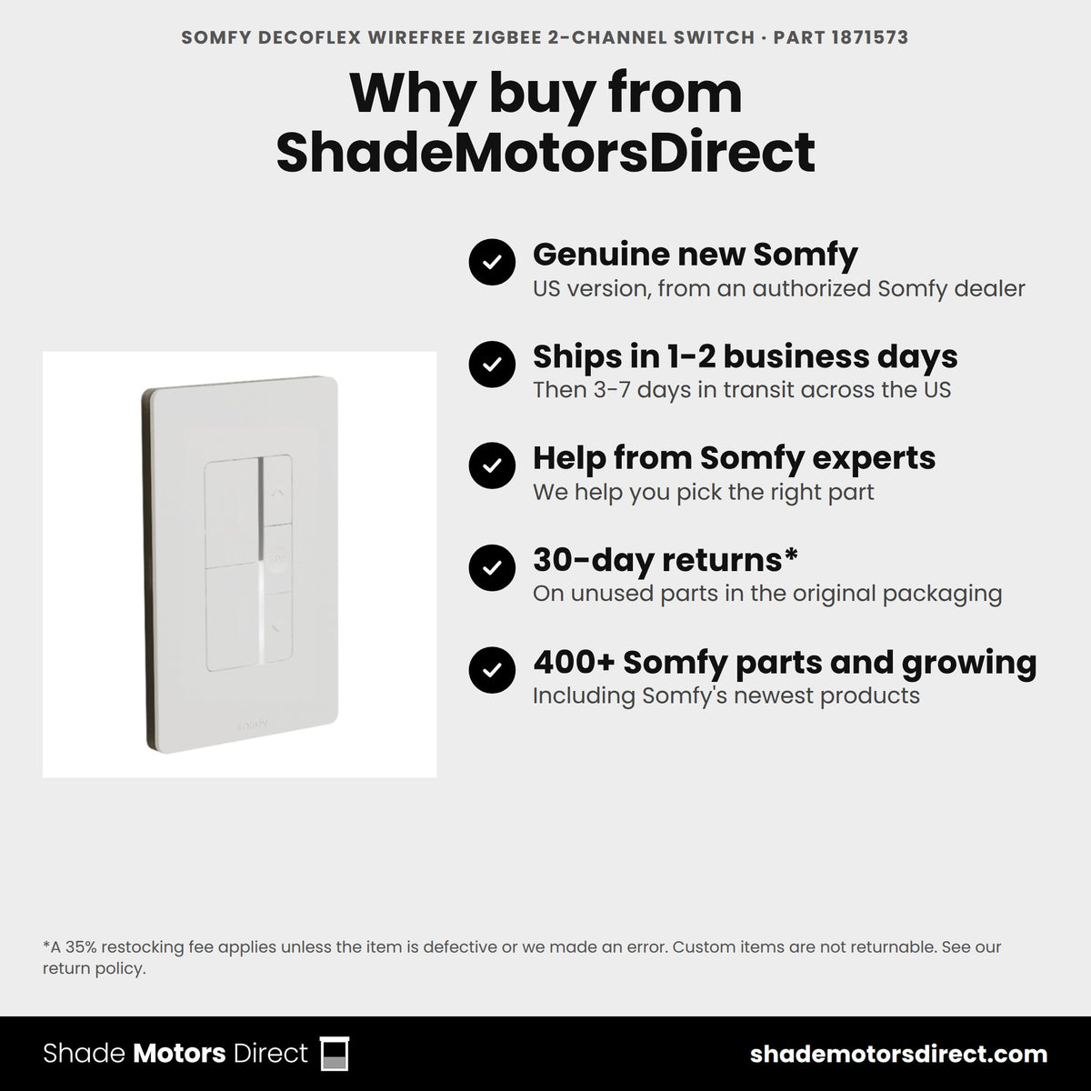 Buy the Somfy DecoFlex WireFree Zigbee 2-channel switch, part 1871573, genuine new, from ShadeMotorsDirect