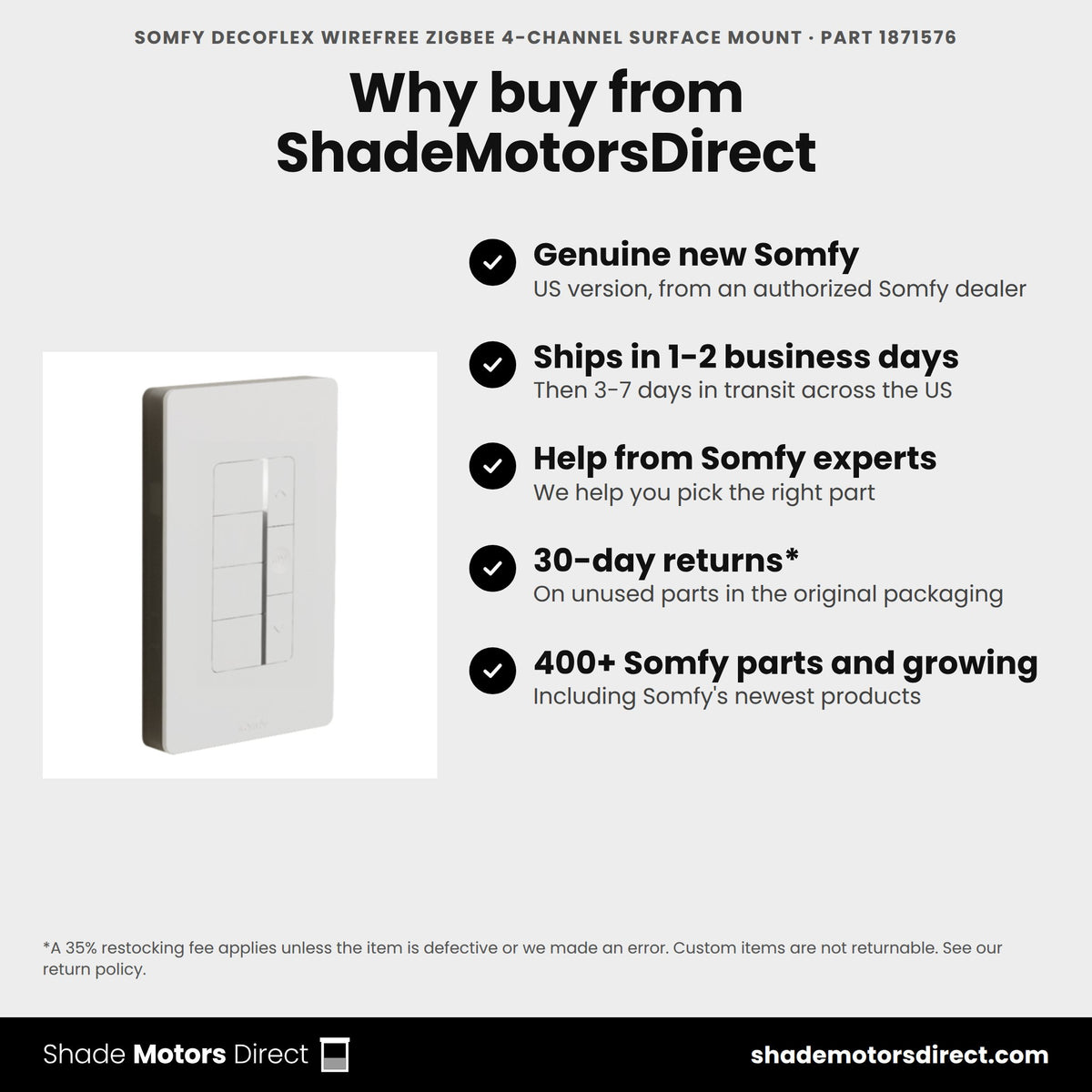 Buy the Somfy DecoFlex WireFree Zigbee 4-Channel Surface Mount, part 1871576, genuine new, from ShadeMotorsDirect