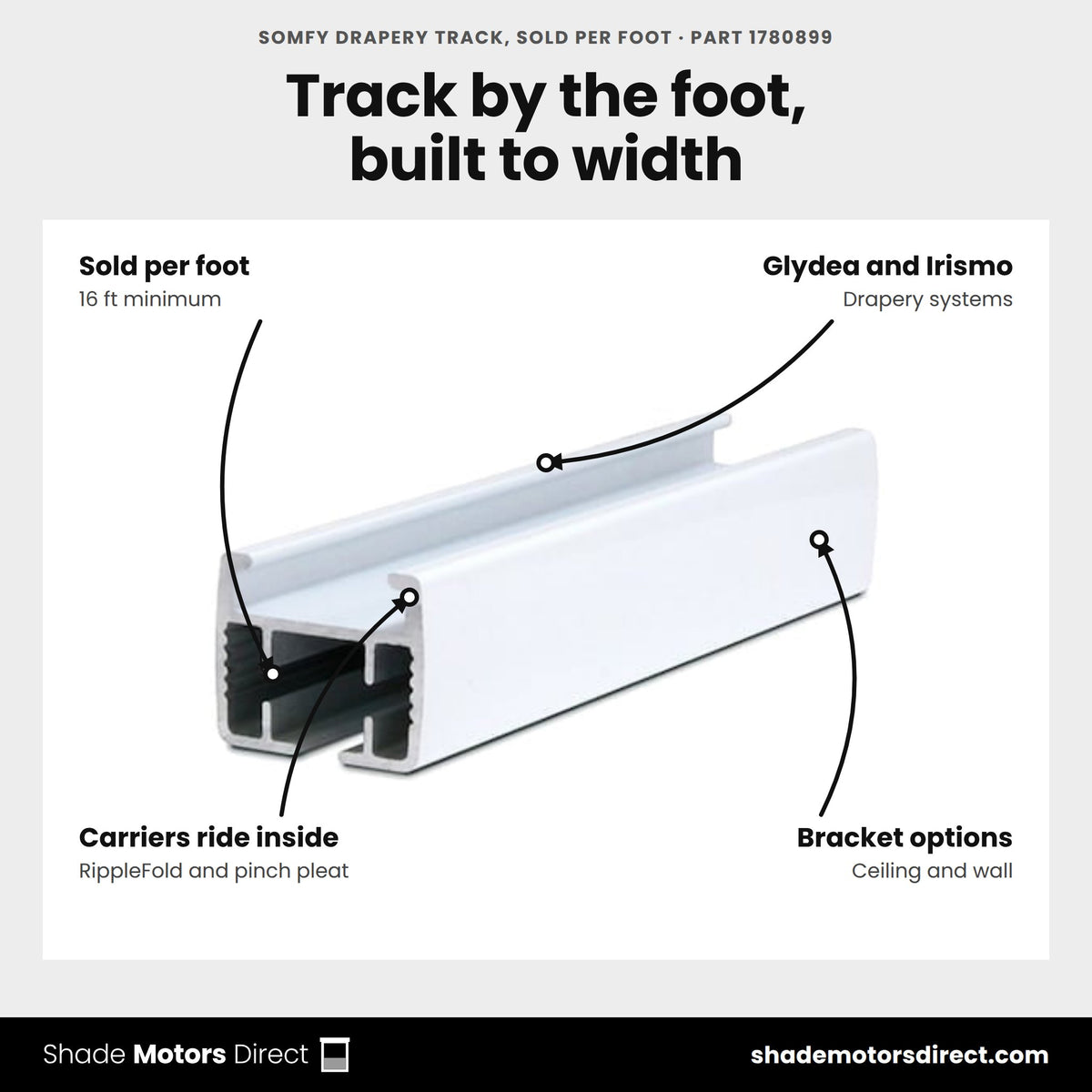 Somfy Drapery Track, Sold per Foot, part 1780899, features: genuine Somfy drapery track sold per foot with 16 ft minimum, for Glydea and Irismo, accepts RippleFold and pinch pleat carriers