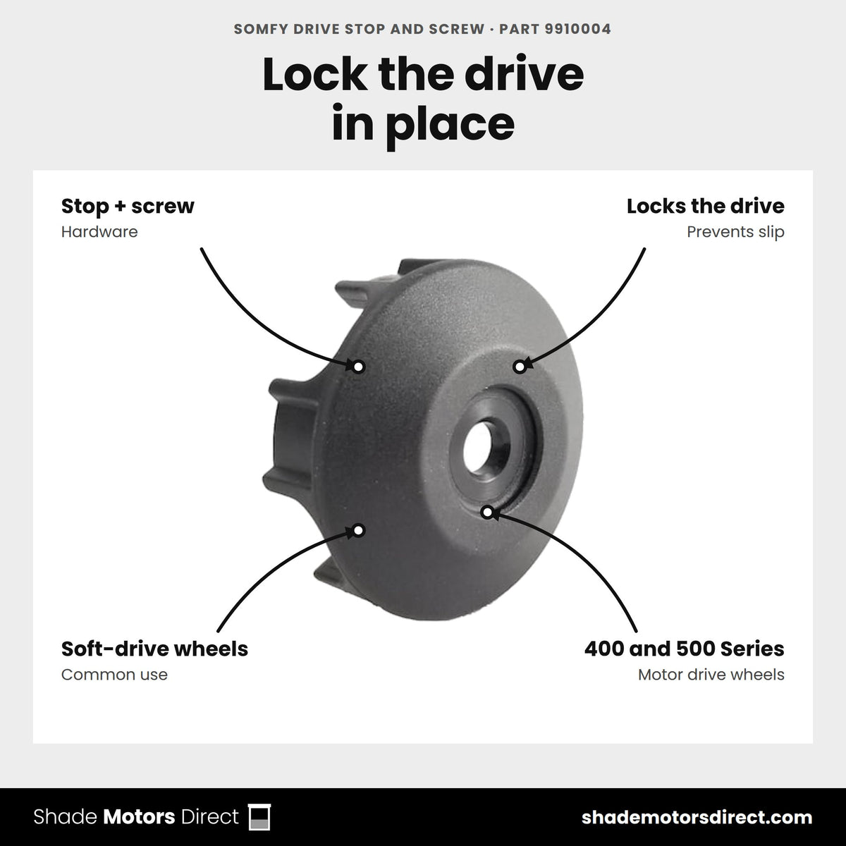 Somfy Drive Stop and Screw, part 9910004, features: drive stop and screw that locks a drive wheel on the motor tube adaptor, 400 and 500 Series