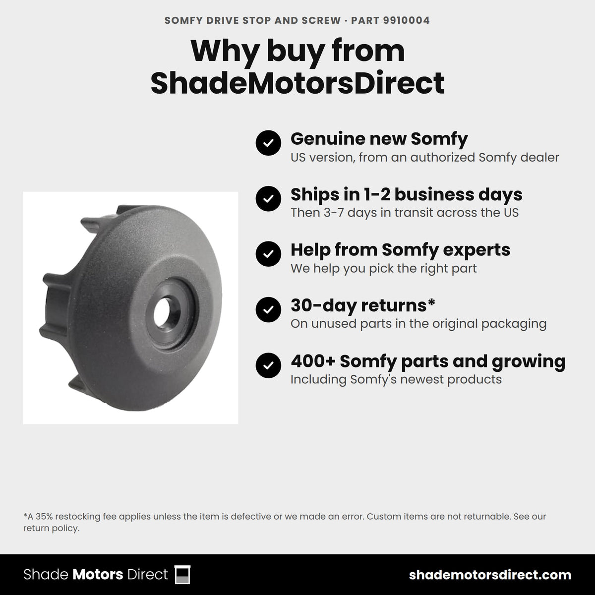 Buy the Somfy Drive Stop and Screw, part 9910004, genuine new, from ShadeMotorsDirect