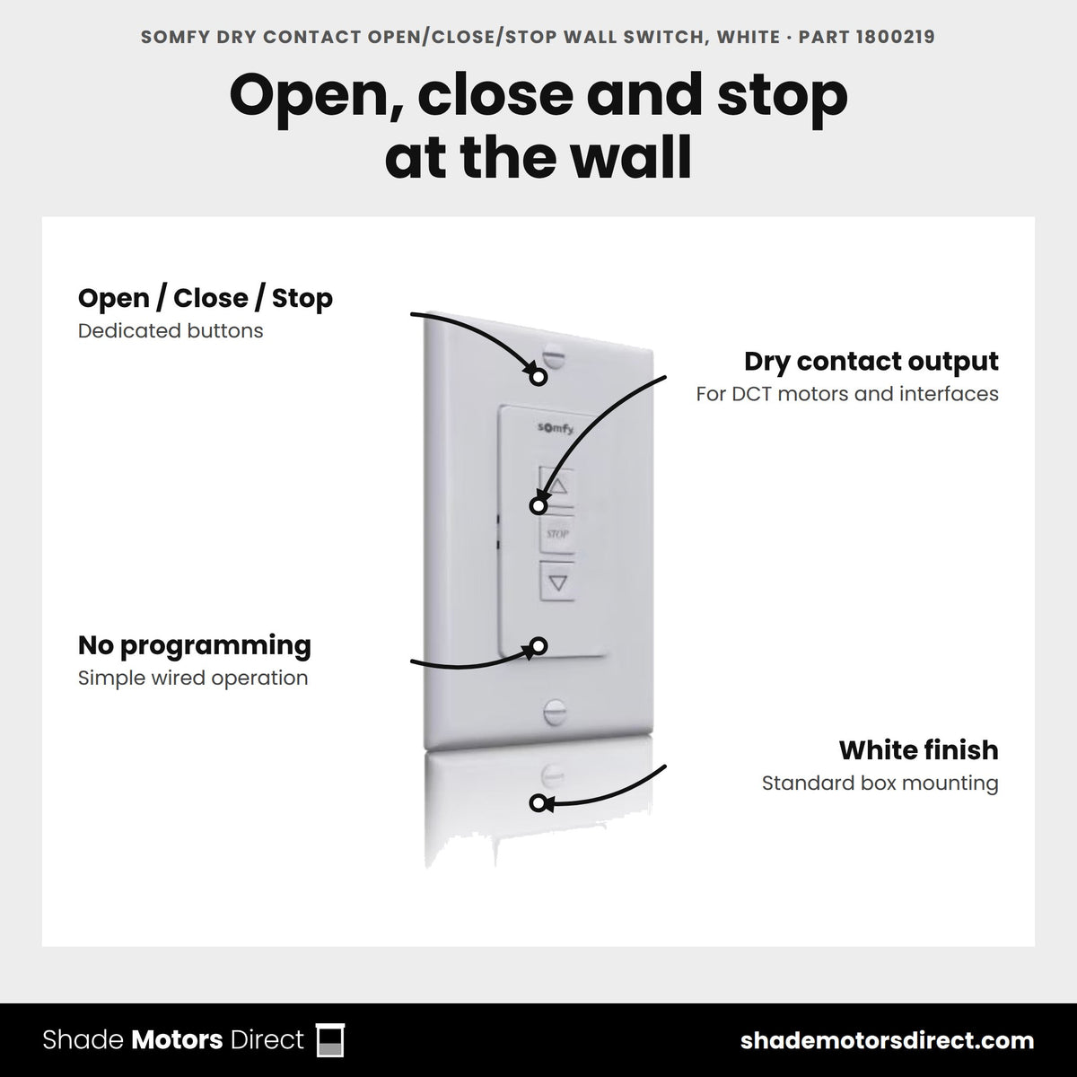 Somfy dry contact Open, Close, Stop wall switch, white, part 1800219, features: dedicated buttons, dry contact output, no programming