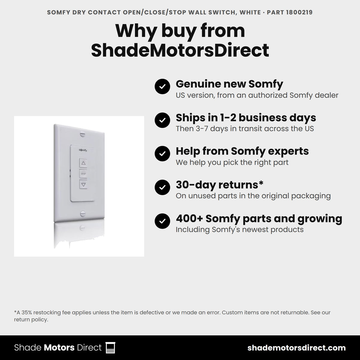 Buy the Somfy Dry Contact Open/Close/Stop Wall Switch, White, part 1800219, genuine new, from ShadeMotorsDirect