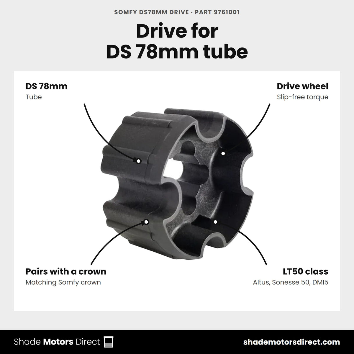 Somfy DS78MM Drive, part 9761001, features: drive wheel for DS 78mm tube, slip-free torque, pairs with the matching crown, LT50-class motors