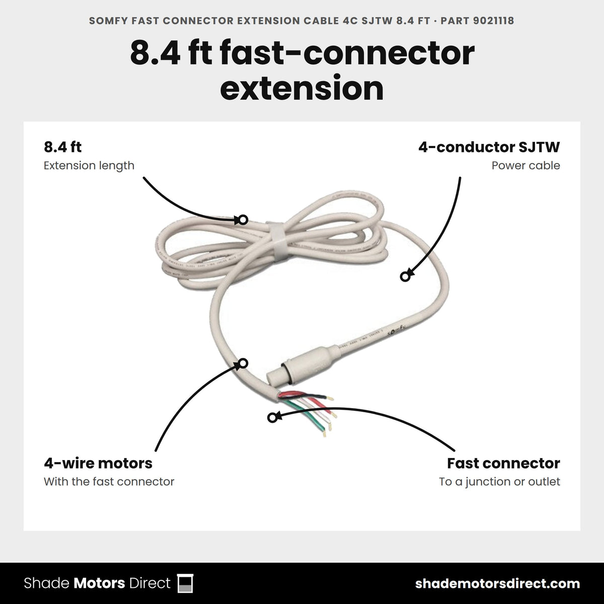 Somfy Fast Connector Extension Cable 4C SJTW 8.4 ft, part 9021118, features: 8.4 ft 4-conductor SJTW fast-connector extension for Somfy 4-wire motors with fast connector