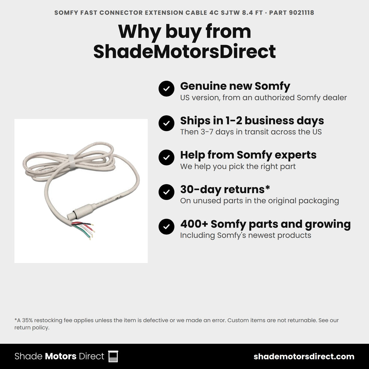 Buy the Somfy Fast Connector Extension Cable 4C SJTW 8.4 ft, part 9021118, genuine new, from ShadeMotorsDirect