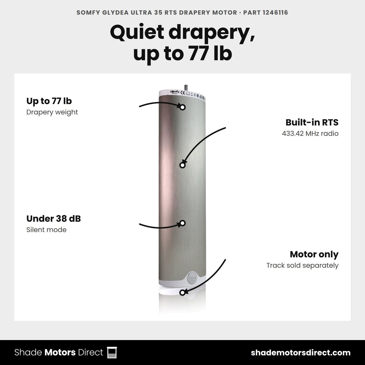 Somfy Glydea Ultra 35 RTS Drapery Motor, part 1246116, features: Glydea ULTRA 35 motor with built-in rts for draperies up to 77 lb, sold without track