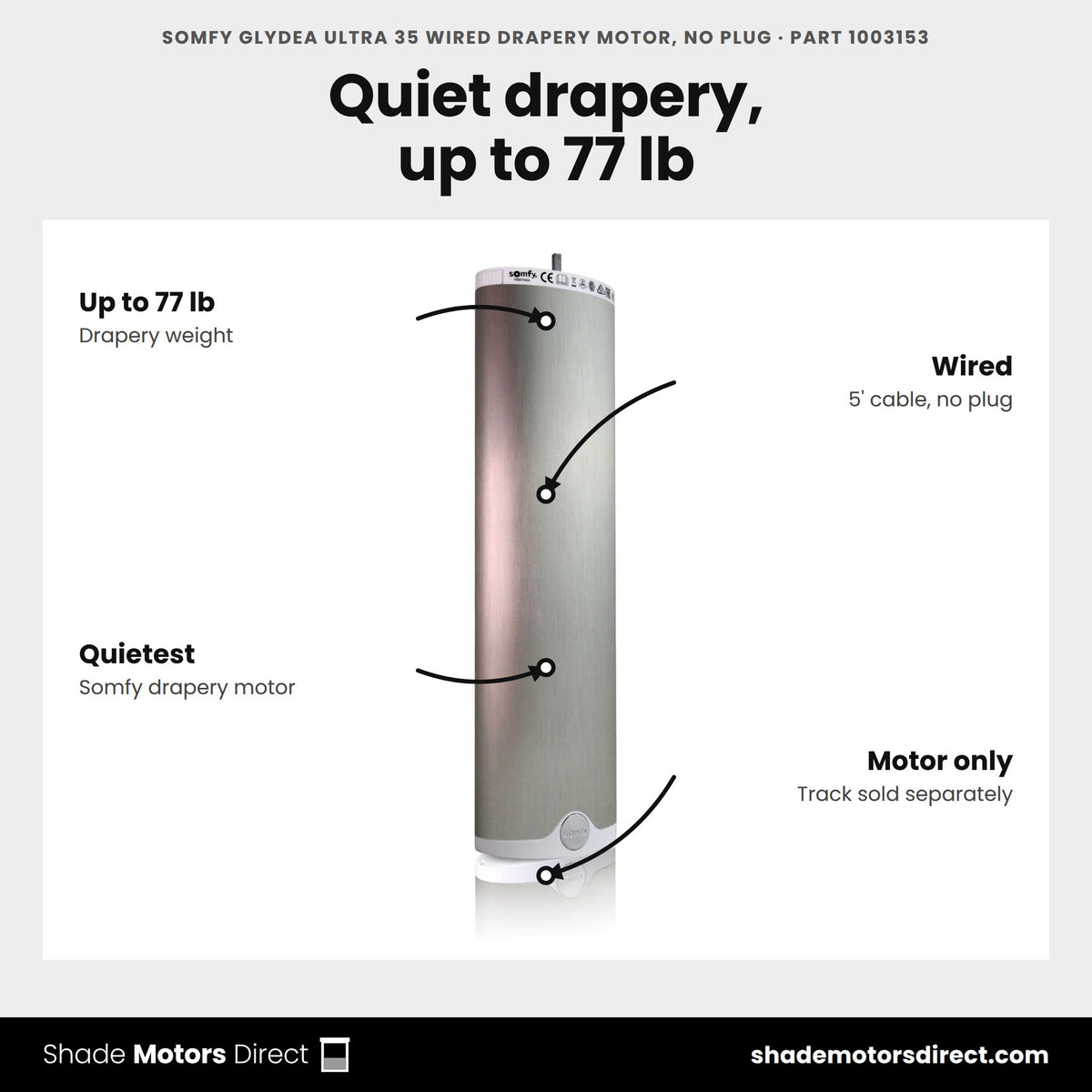 Somfy Glydea Ultra 35 Wired Drapery Motor, No Plug, part 1003153, features: Glydea ULTRA 35 motor with wired for draperies up to 77 lb, sold without track