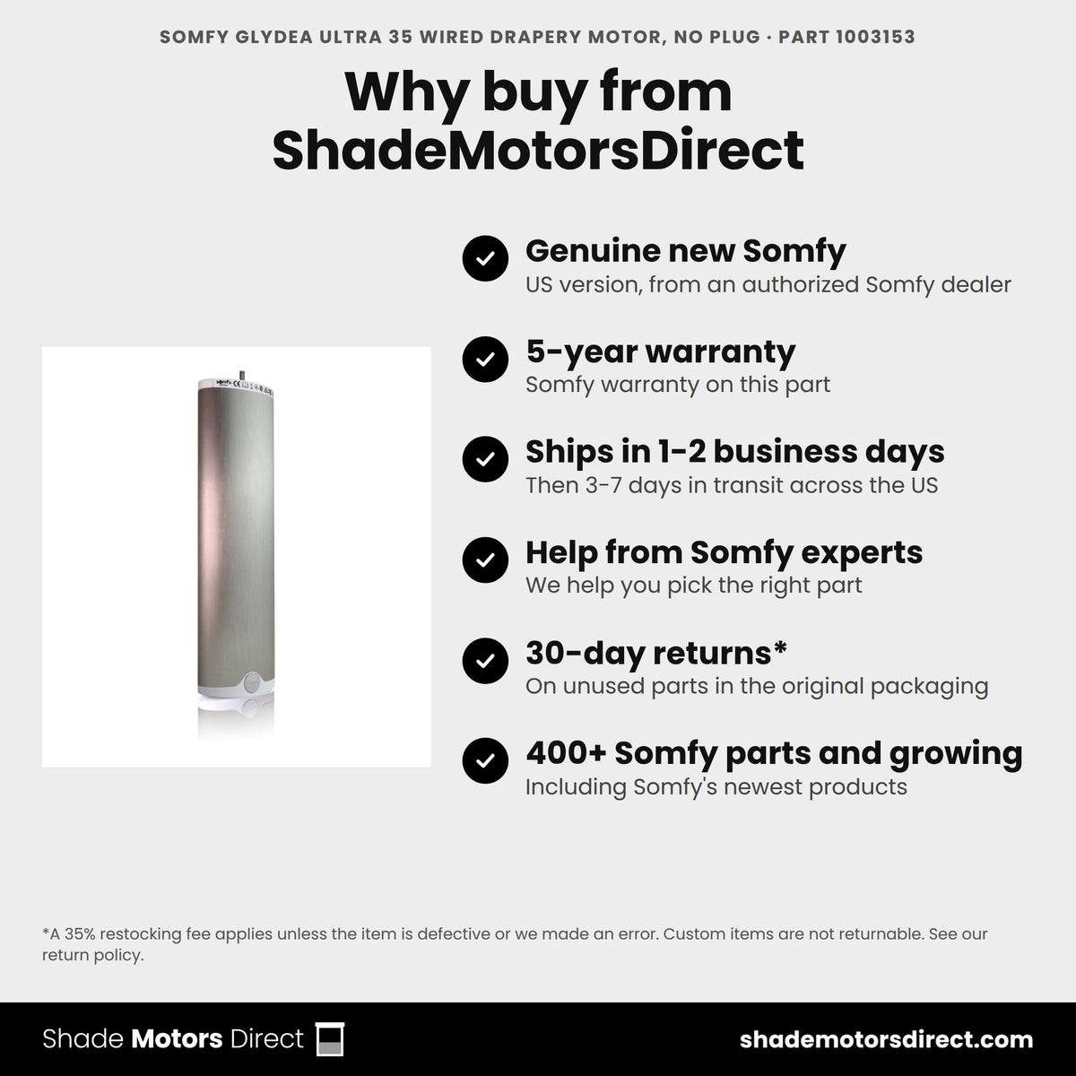 Buy the Somfy Glydea Ultra 35 Wired Drapery Motor, No Plug, part 1003153, genuine new with 5-year warranty, from ShadeMotorsDirect