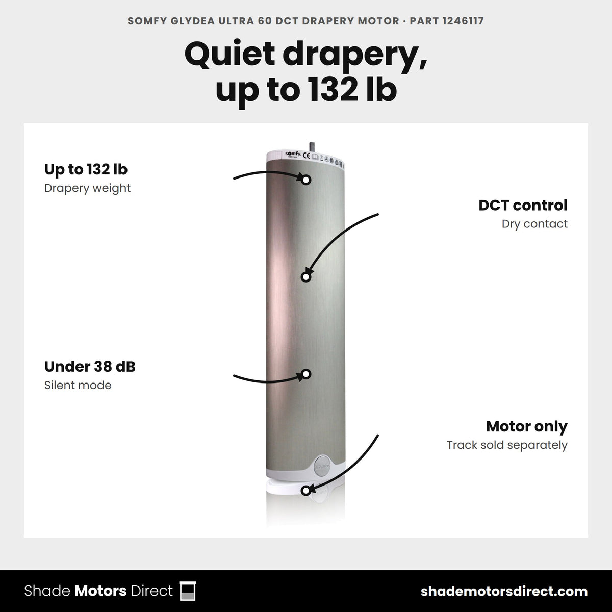 Somfy Glydea Ultra 60 DCT Drapery Motor, part 1246117, features: Glydea ULTRA 60 motor with dct control for draperies up to 132 lb, sold without track