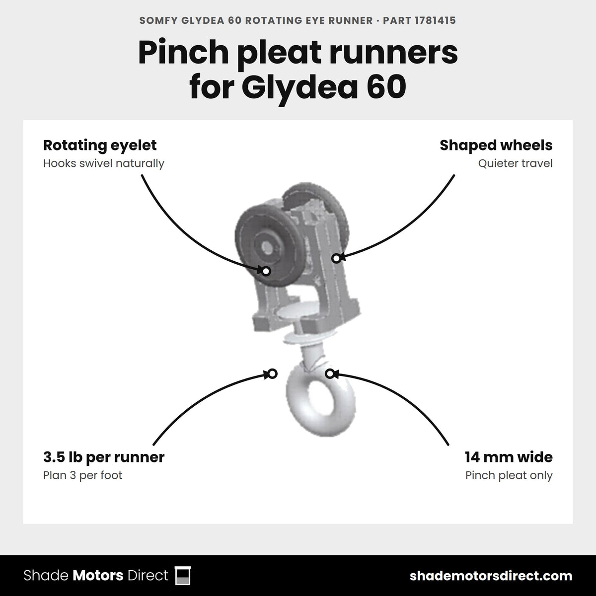 Somfy Glydea 60 rotating eye runner, part 1781415, features: rotating eyelet, shaped wheels, 3.5 lb per runner, pinch pleat only