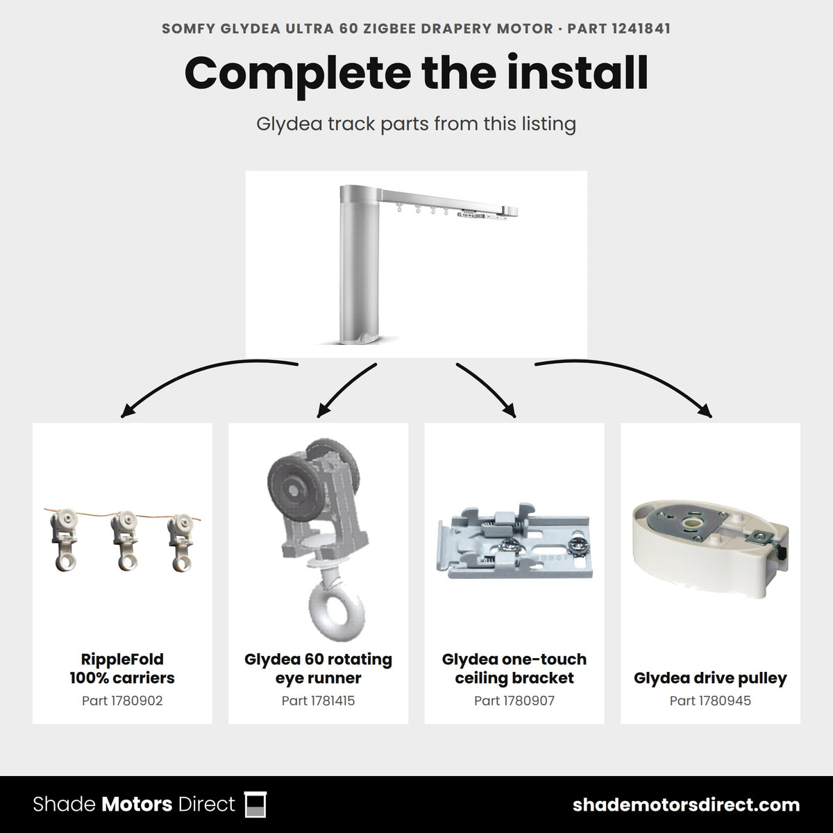 Parts that work with the Somfy Glydea ULTRA 60 Zigbee Drapery Motor 1241841: RippleFold 100% carriers 1780902, Glydea 60 rotating eye runner 1781415, Glydea one-touch ceiling bracket 1780907, Glydea drive pulley 1780945