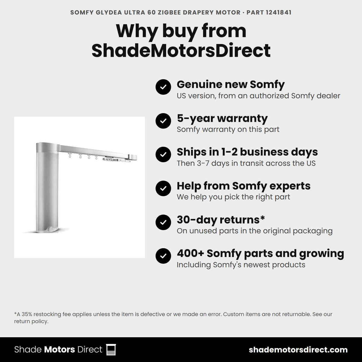 Buy the Somfy Glydea ULTRA 60 Zigbee Drapery Motor, part 1241841, genuine new with 5-year warranty, from ShadeMotorsDirect