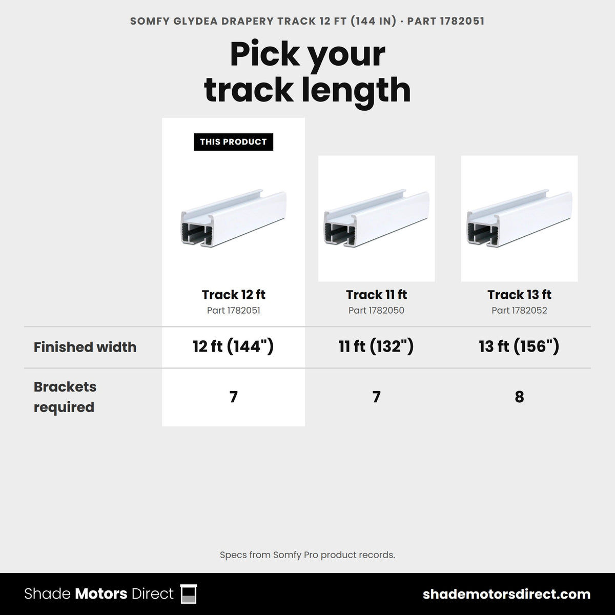 Somfy Glydea drapery track 12 ft 1782051 compared: Track 11 ft 1782050, Track 13 ft 1782052