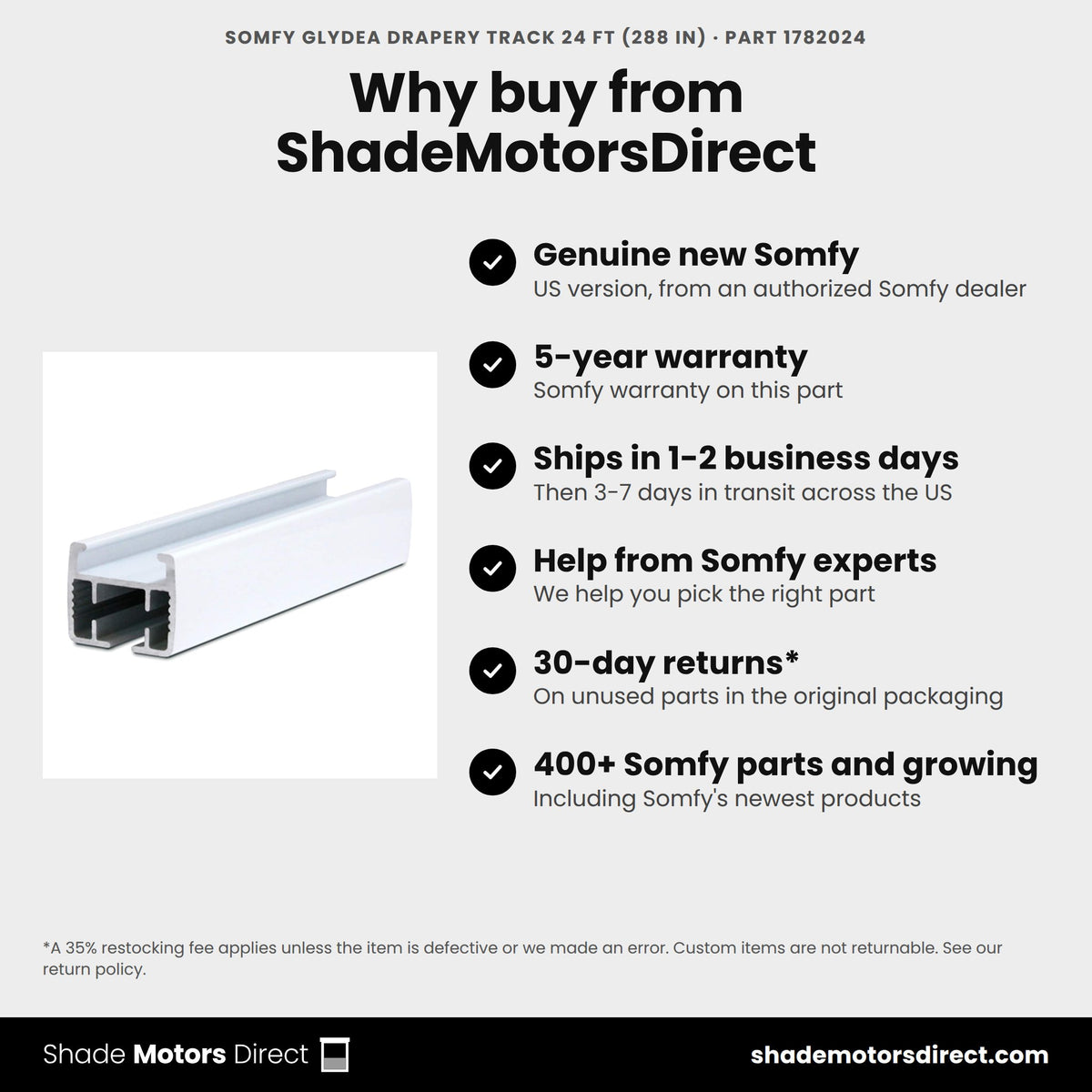 Buy the Somfy Glydea Drapery Track 24 ft (288 in), part 1782024, genuine new with 5-year warranty, from ShadeMotorsDirect