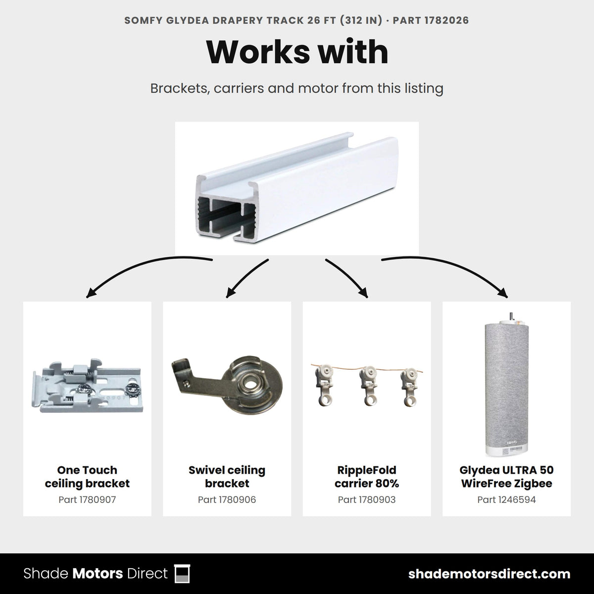 Parts that work with the Somfy Glydea drapery track 26 ft 1782026: One Touch ceiling bracket 1780907, Swivel ceiling bracket 1780906, RippleFold carrier 80% 1780903, Glydea ULTRA 50 WireFree Zigbee 1246594