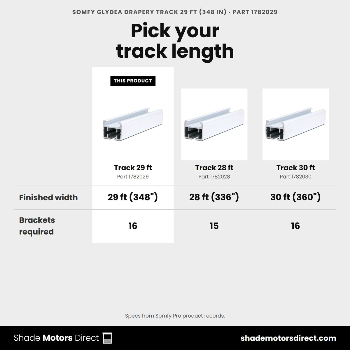 Somfy Glydea drapery track 29 ft 1782029 compared: Track 28 ft 1782028, Track 30 ft 1782030