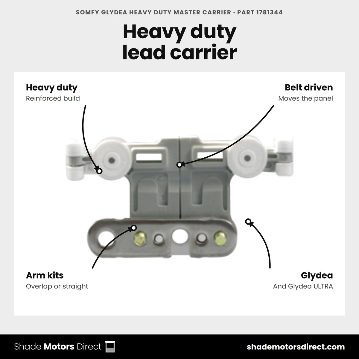 Somfy Glydea Heavy Duty Master Carrier, part 1781344, features: reinforced belt-driven lead carrier for Glydea tracks that takes overlap or straight arm kits