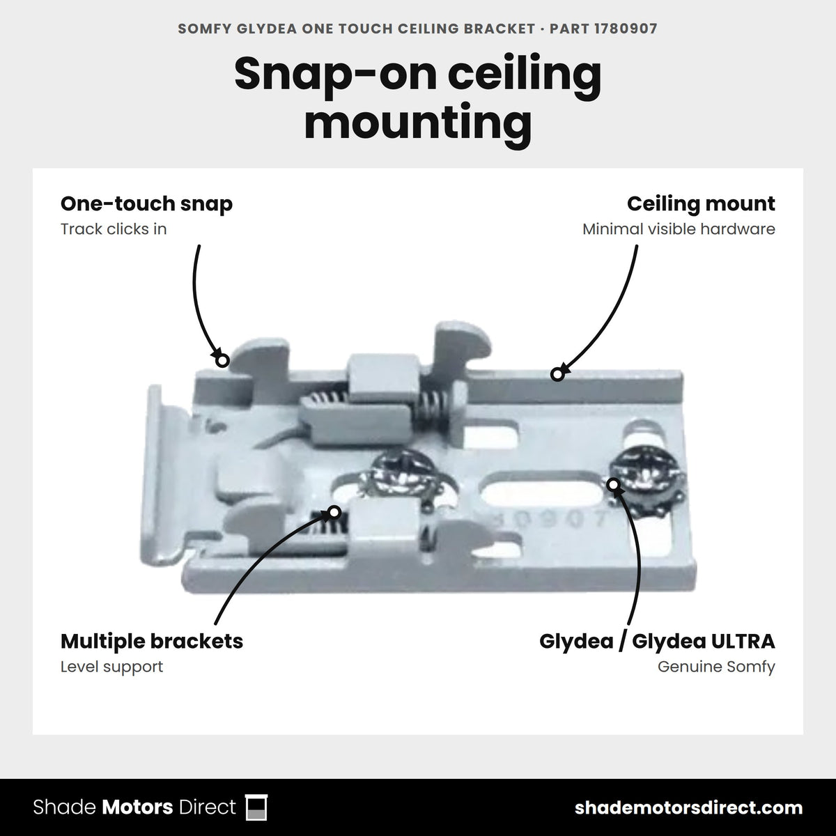 Somfy Glydea One Touch Ceiling Bracket, part 1780907, features: one-touch snap engagement, ceiling mount with minimal visible hardware, for Glydea and Glydea ULTRA drapery track